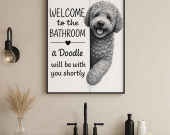 Doodle Bathroom Poster | welcome to the bathroom | Doodle art print | Dog in the toilet | Wall Art Decor | Dog lover Gift