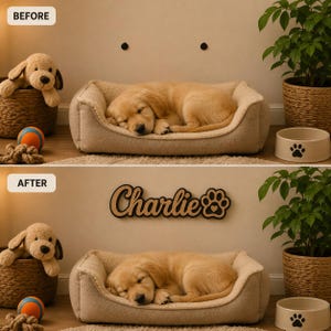 Pu&ograve; includere: Una cuccia rettangolare beige per animali con un cucciolo dorato che dorme, un cesto intrecciato con un cane di peluche, una palla e una ciotola color crema con un'impronta di zampa. L'immagine in basso mostra una scritta in legno con il nome Charlie.