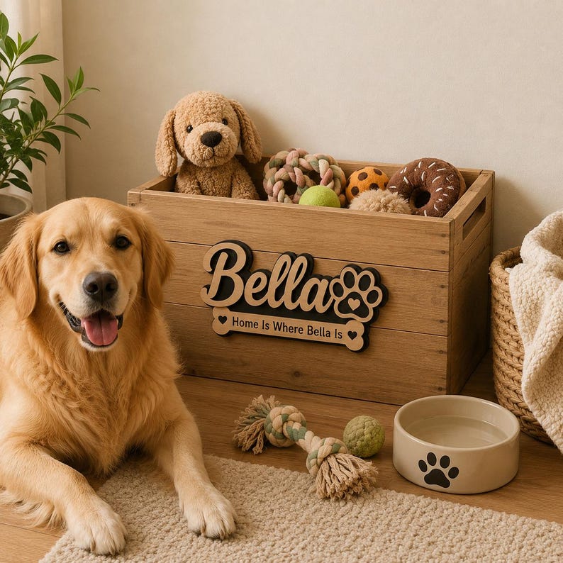Pu&ograve; includere: Una cassa rettangolare in legno con il nome Bella e un'impronta di zampa, con il testo Home Is Where Bella Is. La cassa contiene vari giocattoli di peluche per cani e una ciotola in ceramica con un'impronta di zampa nera.