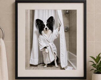 Papillon Bathroom Wall Art, Funny Papillon Dog in Bathrobe Print, Framed Bathroom Decor, Papillon Shower Curtain Poster, Dog Lover