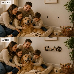 Pu&ograve; includere: Una targa da parete in legno con il nome Charlie in carattere corsivo seguito da un'icona a forma di zampa. La targa &egrave; montata su una parete sopra una cuccia beige dove un golden retriever siede con una famiglia. Una ciotola con una zampa.
