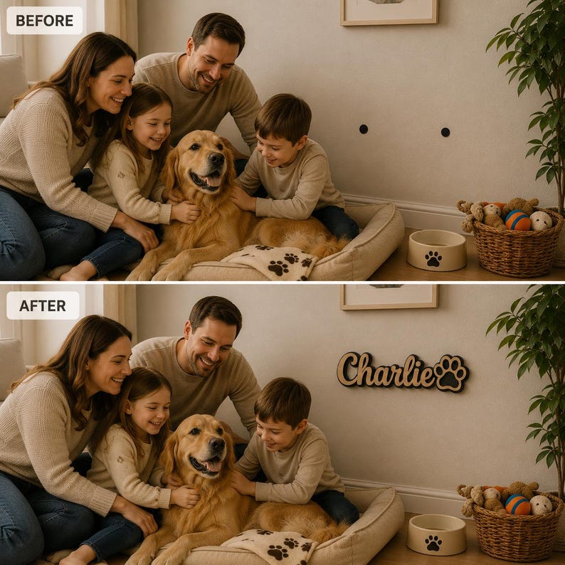 Pu&ograve; includere: Una targa da parete in legno con il nome Charlie in carattere corsivo seguito da un'icona a forma di zampa. La targa &egrave; montata su una parete sopra una cuccia beige dove un golden retriever siede con una famiglia. Una ciotola con una zampa.