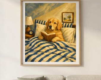 Golden Retriever Reading in Bed Wall Art | Cozy Dog Painting Print | Book Lover Gift | Cottagecore Dog Decor | Golden Retriever Art