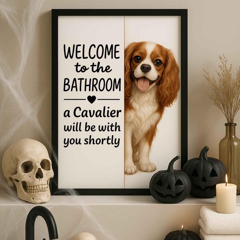 Poster de salle de bains Cavalier King Charles Spaniel | bienvenue dans la salle de bain | Impression d'art chien | Chien dans les toilettes | Art déco murale | Cadeau pour amoureux des chiens image 8