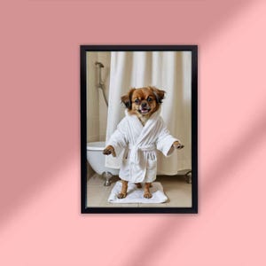Tibetan Spaniel  Art Poster Decor, funny Tibetan Spaniel in bath and wearing bathrobe tied up l Dog Canvas Art, Pet Wall Art, Dog Lover Gif