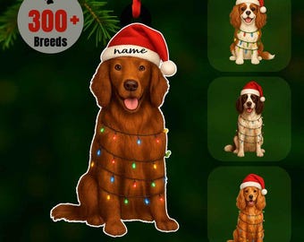 May include: A brown dog ornament wearing a Santa hat with the word "name" on it, wrapped in Christmas lights. The ornament is hanging from a red string. The image also shows three other dog breeds in Santa hats and Christmas lights, and the text "300+ Breeds".