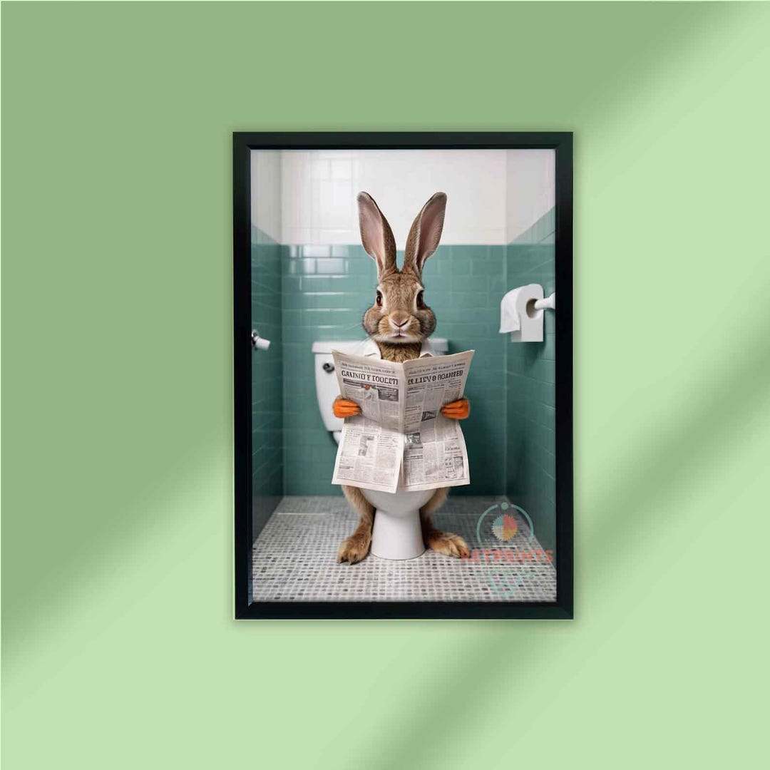 Peter Rabbit Restroom Sign Funny Rabbit Bathroom Art Print: Reading Newspaper on Toilet - Etsy