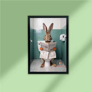 Funny Rabbit Bathroom Art Print: Reading Newspaper on Toilet