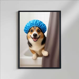 Funny Corgi in Shower Cap Art Print: Playful Bathroom Poster