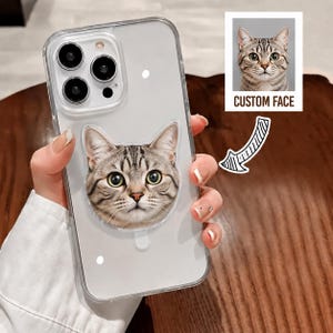 May include: A clear smartphone case featuring a custom printed tabby cat face on the back. The case has a cutout for a triple-lens camera system. A separate small square graphic shows the same cat face with the text CUSTOM FACE and an arrow.