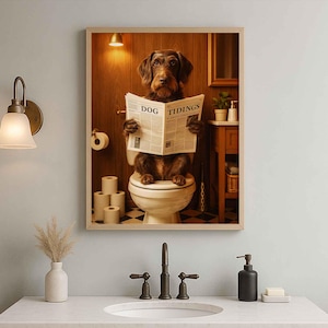 Könnte beinhalten: Ein gerahmter Druck zeigt einen braunen Hund auf einer Toilette, der eine Zeitung mit der Überschrift "DOG TIDINGS" liest. Die Badezimmerkulisse umfasst eine Holztür, Toilettenpapier und einen kleinen Schrank. Der Druck ist in einem hellbraunen Rahmen.