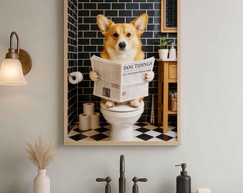 Póster de baño de Pembroke Welsh Corgi / Corgi leyendo el periódico / Perro sentado en el inodoro / Decoración de pared con temática canina / Regalo para amantes de los perros