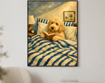 Goldendoodle Reading in Bed Wall Art Print | Cozy Dog Painting | Book Lover Gift | Dog Wall Decor | Cottagecore Art