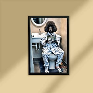 Funny Poodle Dog Wall Art , Hilarious Bathroom Decor, Poodle in White Pajama Reading Newspaper, cut Bathroom wall art, Quirky Pet Lover Gift