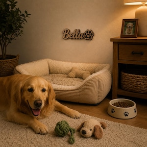 Pu&ograve; includere: Un golden retriever &egrave; sdraiato su un tappeto accanto a una cuccia per animali in velluto a coste beige con un osso di peluche all'interno. Un gioco di corda verde e un piccolo cane di peluche sono sul pavimento. Una ciotola bianca con impronte nere contiene cibo e una targa in legno riporta la scritta Bella.