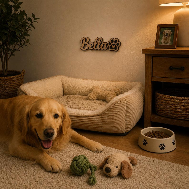 Pu&ograve; includere: Un golden retriever &egrave; sdraiato su un tappeto accanto a una cuccia per animali in velluto a coste beige con un osso di peluche all'interno. Un gioco di corda verde e un piccolo cane di peluche sono sul pavimento. Una ciotola bianca con impronte nere contiene cibo e una targa in legno riporta la scritta Bella.