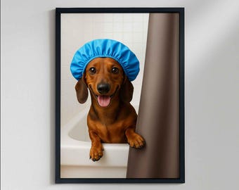 Dachshund Bathroom Poster, Dog Shower Cap Poster, Dog Peeking Behind Curtain, Toilet Dog poster, Cute Dog Lover Gift, Dog lover Gift