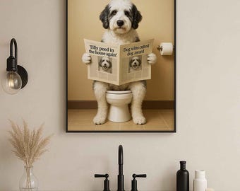 Sheepadoodle Bathroom Art Print | Dog in the toilet | Dog Reading Newspaper