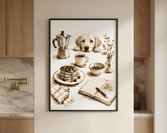 Labrador Retriever Kitchen Wall Art, Cozy Breakfast Dog Print, Minimalist Sepia Illustration, Coffee Lover Decor, Farmhouse Kitchen Poster