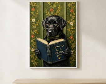 Black Labrador Reading Book Art Print, How To Be A Good Boy Poster, Vintage Black Lab Wall Art, Dog with Glasses Painting, Dog Lover Gift