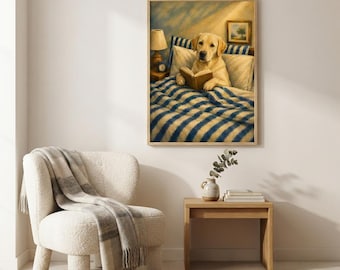 Labrador Retriever Reading in Bed Wall Art Print | Cozy Dog Painting | Book Lover Gift | Labrador Art | Dog Wall Decor | Cottagecore
