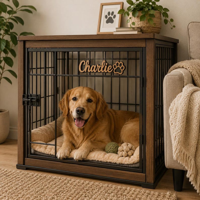 Pu&ograve; includere: Una cuccia per cani in legno con finitura marrone scuro e pannelli in filo metallico nero. La parte anteriore presenta una targhetta in legno con il nome Charlie e un'icona a forma di zampa. Un golden retriever riposa su un cuscino beige.