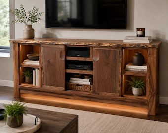 Mobile porta TV in noce nero con bordo naturale / Mobile per l'intrattenimento moderno e rustico in legno massello