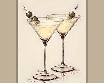 Vintage Martini Art Print, Olive Cocktail Glass Wall Decor