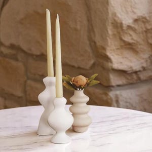 ceramic candle holder set, modern minimalist decor, 22cm 16cm taper holders, 16cm bud vase, white matte finish