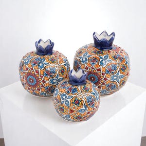 Turkish Ceramic Pomegranate Set, Decorative Floral Pomegranate Trio, Blue Red Orange Glazed Decor, 15-30 cm