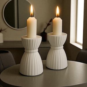 Elegant White Ceramic Candle Holders Set of 2, Sculptural Ribbed Taper Holders, Japandi Style Decor, 12cm, Minimal Table Decor