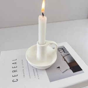 Handmade White Ceramic Candle Holder with Handle: Nordic Farmhouse Decor