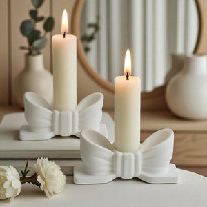 Bow Candle Holder Set, White Ceramic Taper Holders, Elegant Minimalist Decor, Handmade Candle Stand, Gift for Her, 2 Piece Set