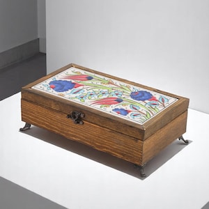 Turkish Ceramic Tile Box, Handmade Wooden Jewelry Box, Floral Art Keepsake Box, 10x20 cm Storage Box, Ottoman Style Decor
