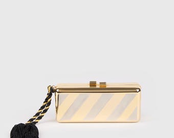 Vintage 1970s Italian Gold-Tone Metal Clutch with Silver-Tone Stripes and Tassels