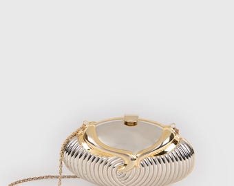 Vintage 1980s Spanish Oval Clutch in Silver- and Gold-Tone Metal, by El Corte Inglés