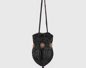 Vintage 1930s Italian Handcrafted Black Glass-Beaded Purse with Tassel and Round Motifs
