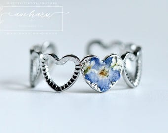 Real Forget Me Not Vintage Ring: Botanical Resin Jewelry, Adjustable Silver Tone Band
