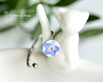 Real Forget Me Not Flower Resin Ring: Handmade Botanical Jewelry, Stackable Ring