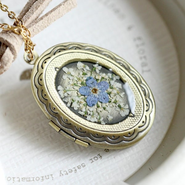Vintage Forget Me Not Locket Necklace, Pressed Flower Resin Pendant, Antique Style Jewellery