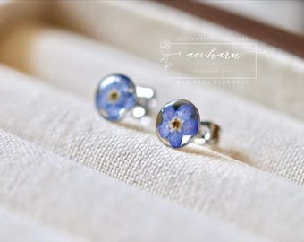 Real Forget Me Not Dainty Earrings, Flower Resin Studs, Botanical Jewellery Gift for her