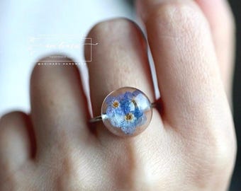 Real Forget Me Not Silver Ring: Pressed Flower Statement Ring, Handmade Botanical Resin Jewelry