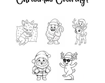 May include: Black and white line art illustrations of Christmas characters, including a sleeping reindeer, a yeti with a candy cane, a boy riding a reindeer, Santa Claus, and a reindeer wearing sunglasses. The text "Christmas Coloring!" is at the top.