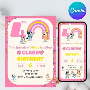 Convite de aniversário Bluey, convite para festa de aniversário Bluey, convite para aniversário Bluey, convite para festa de aniversariante, festa de aniversário, editável Canva