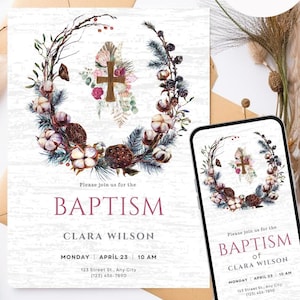 Editable Digital Baptism Invitation, Printable Christening Invite, Christening Invitation Template, Baptismal Phone Evite, Ceremony Invite