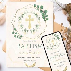 Baptism Invitation, Baptismal Digital Invite Template, Printable Christening Evite, Baptism Phone Invite, Greenery Baptism Invitation