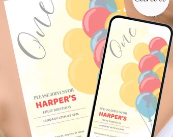 Balloon First Birthday Invitation, Editable Boy Girl 1st Birthday Invite, Birthday Evite, Printable Balloon Birthday Digital Invite