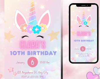 Unicorn Birthday Invitation, Sparkle Invitation, Unicorn Electronic Invite, Mobile Invitation Evite Phone, Invite Girl Party, Birthday Girl