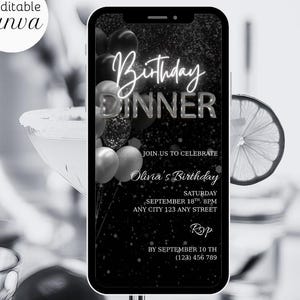 Digital Birthday Dinner Invitation, Animated Black Silver Diamond Invite For Men Women, Self Editable Canva Template, Birthday eCard