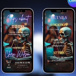 Puede incluir: Dos pantallas de smartphone que muestran una invitación a una fiesta de Halloween. La invitación presenta un esqueleto bebiendo un cóctel azul. El texto incluye "Sips about to go down" y "Costumes & Cocktails". Organizado por Clara Wilson.